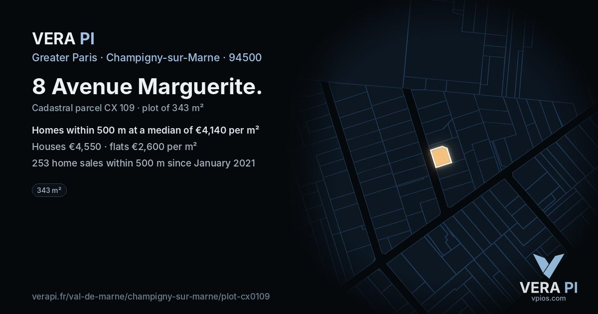 8 Avenue Marguerite, Champigny-sur-Marne at night – the plot lit, the parcels around coloured by the prices near them