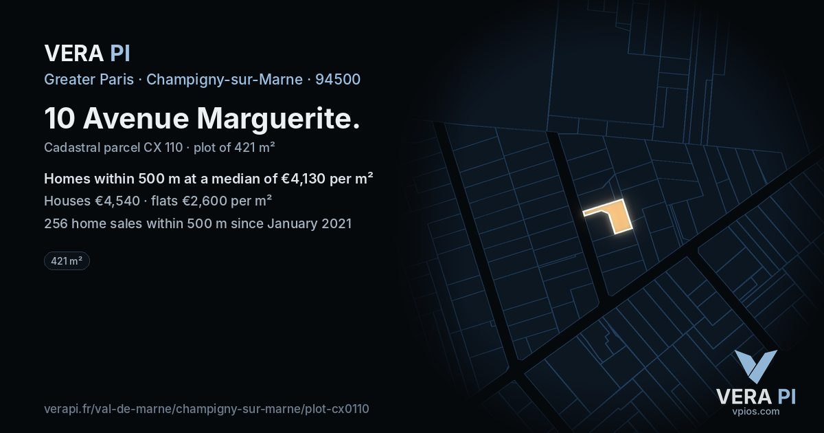 10 Avenue Marguerite, Champigny-sur-Marne at night – the plot lit, the parcels around coloured by the prices near them