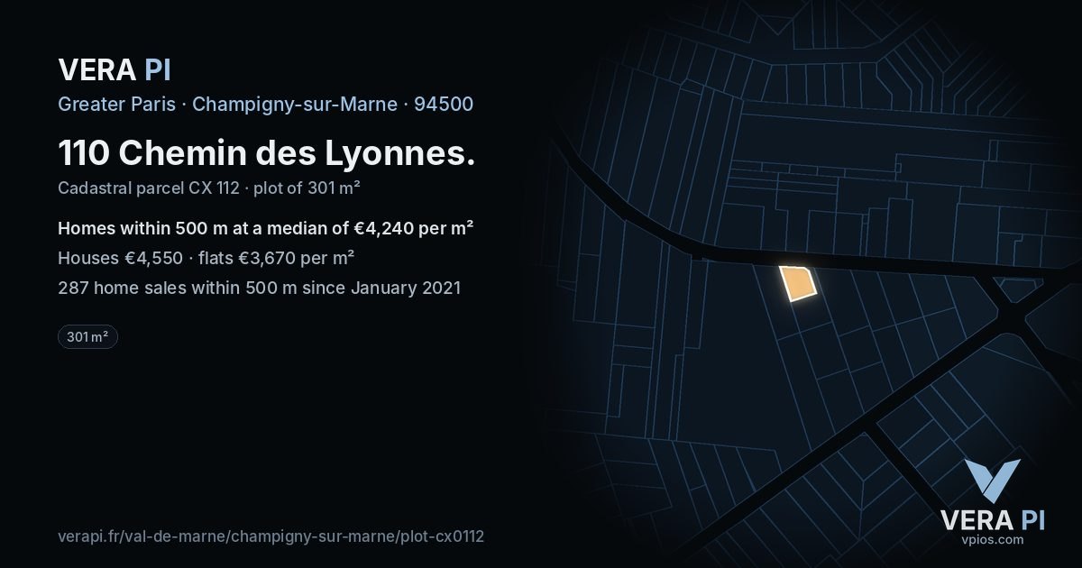 110 Chemin des Lyonnes, Champigny-sur-Marne at night – the plot lit, the parcels around coloured by the prices near them
