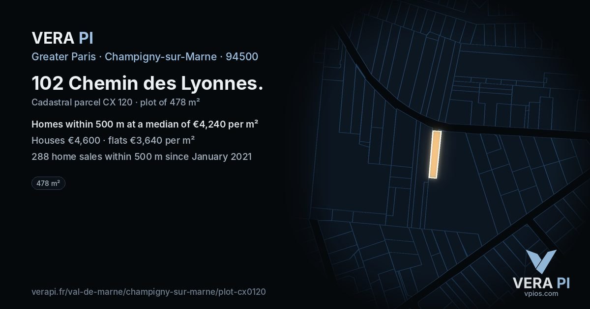 102 Chemin des Lyonnes, Champigny-sur-Marne at night – the plot lit, the parcels around coloured by the prices near them