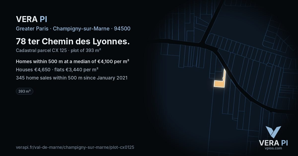 78 ter Chemin des Lyonnes, Champigny-sur-Marne at night – the plot lit, the parcels around coloured by the prices near them
