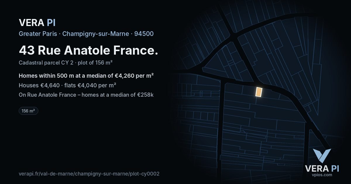 43 Rue Anatole France, Champigny-sur-Marne at night – the plot lit, the parcels around coloured by the prices near them