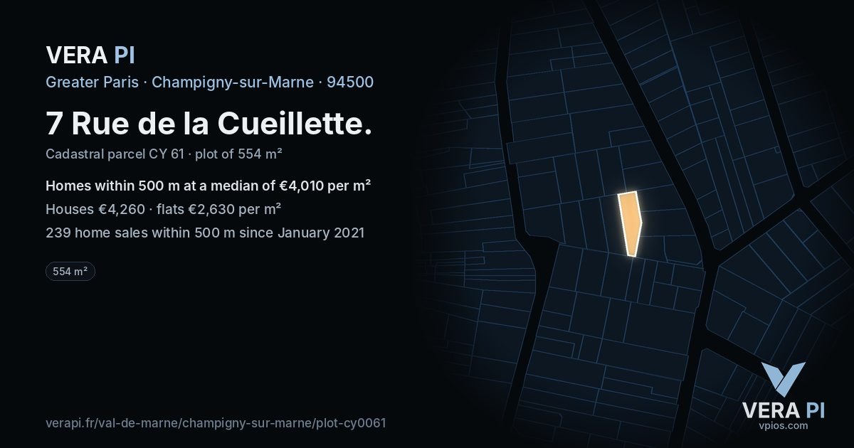 7 Rue de la Cueillette, Champigny-sur-Marne at night – the plot lit, the parcels around coloured by the prices near them