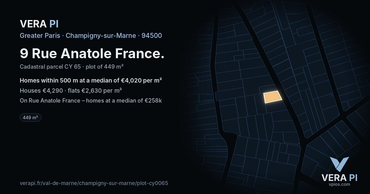9 Rue Anatole France, Champigny-sur-Marne at night – the plot lit, the parcels around coloured by the prices near them