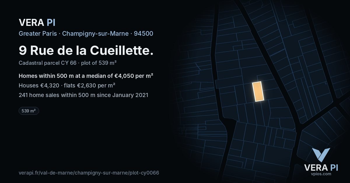 9 Rue de la Cueillette, Champigny-sur-Marne at night – the plot lit, the parcels around coloured by the prices near them