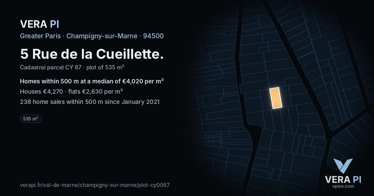 5 Rue de la Cueillette, Champigny-sur-Marne at night – the plot lit, the parcels around coloured by the prices near them