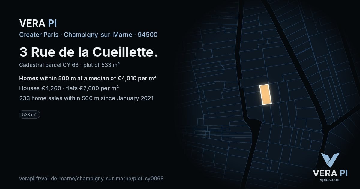 3 Rue de la Cueillette, Champigny-sur-Marne at night – the plot lit, the parcels around coloured by the prices near them