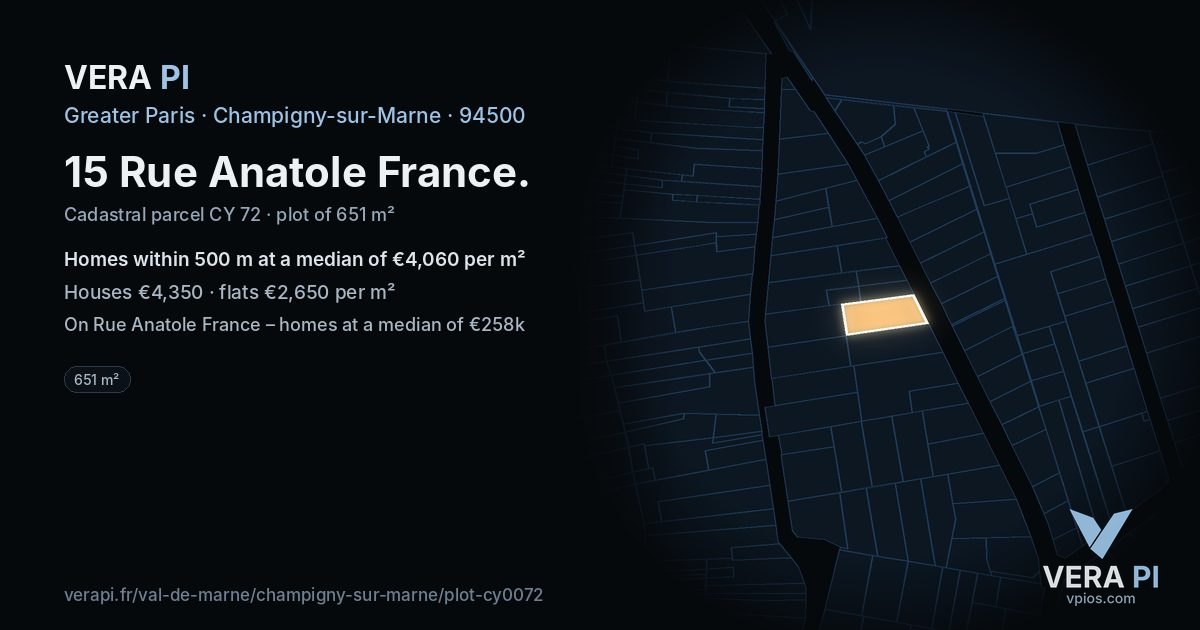 15 Rue Anatole France, Champigny-sur-Marne at night – the plot lit, the parcels around coloured by the prices near them