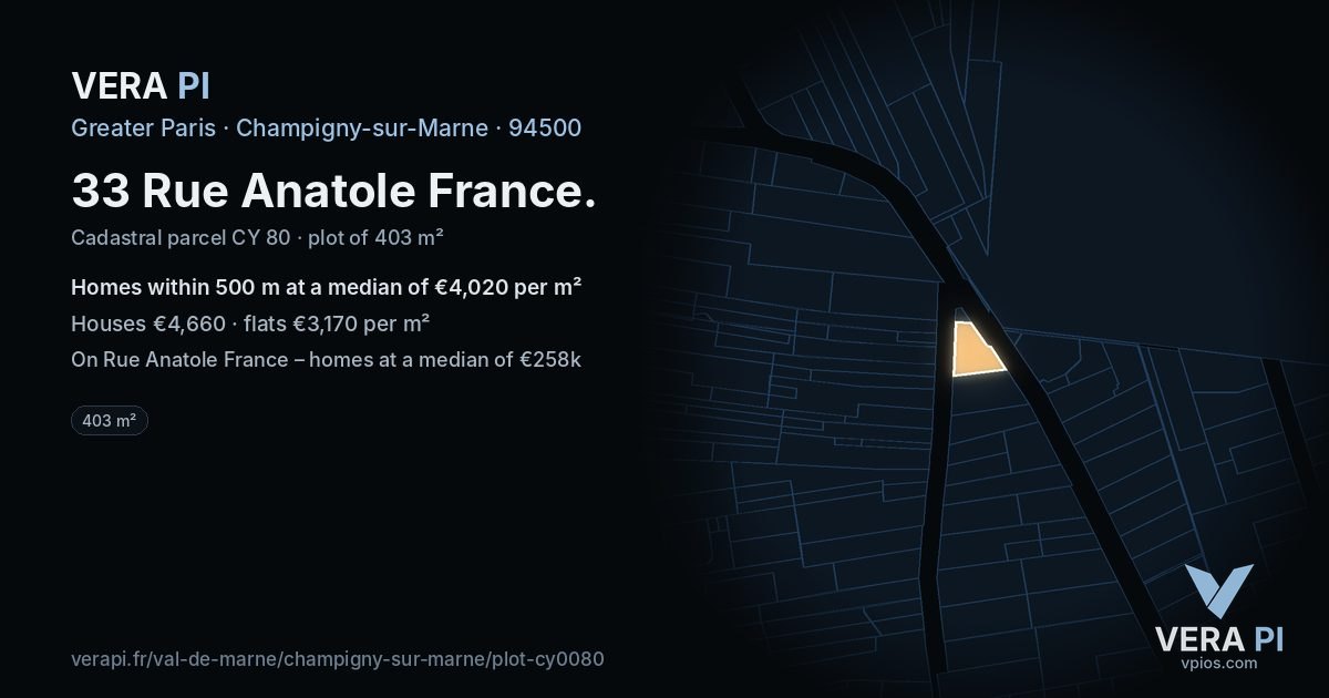 33 Rue Anatole France, Champigny-sur-Marne at night – the plot lit, the parcels around coloured by the prices near them