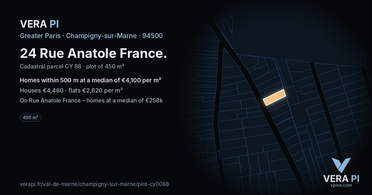 24 Rue Anatole France, Champigny-sur-Marne at night – the plot lit, the parcels around coloured by the prices near them
