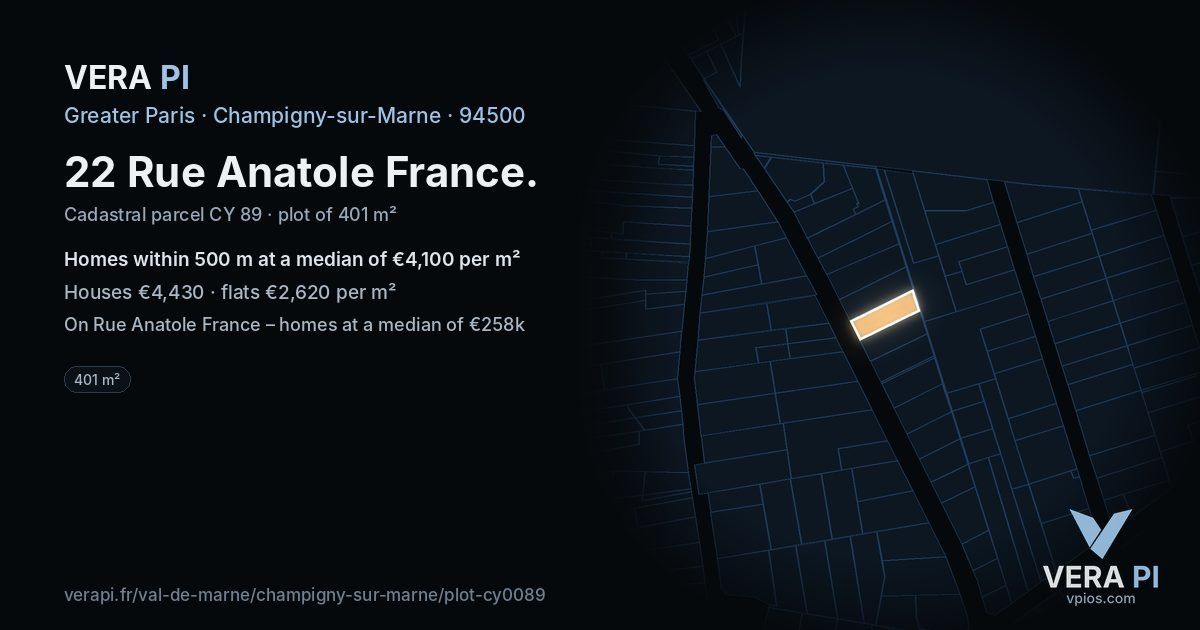 22 Rue Anatole France, Champigny-sur-Marne at night – the plot lit, the parcels around coloured by the prices near them