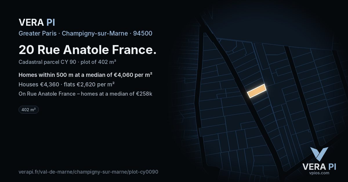 20 Rue Anatole France, Champigny-sur-Marne at night – the plot lit, the parcels around coloured by the prices near them