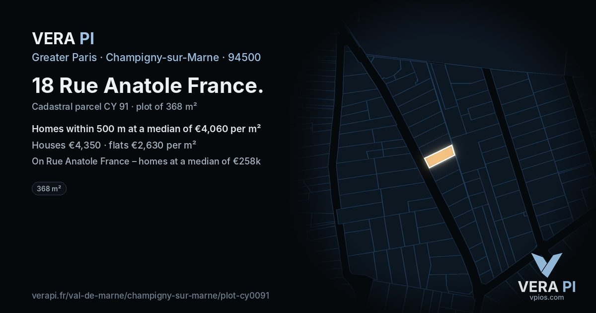 18 Rue Anatole France, Champigny-sur-Marne at night – the plot lit, the parcels around coloured by the prices near them