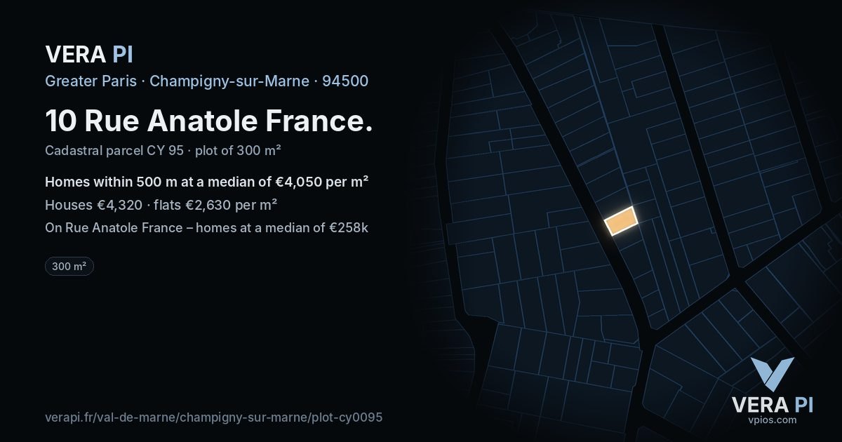 10 Rue Anatole France, Champigny-sur-Marne at night – the plot lit, the parcels around coloured by the prices near them