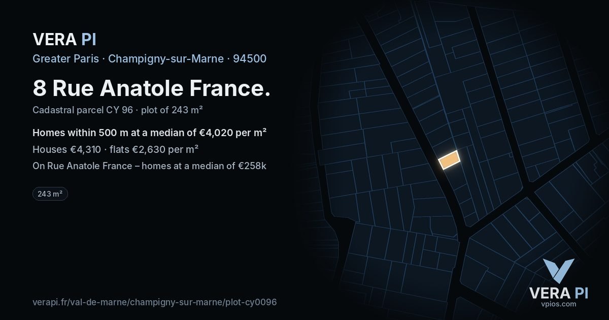 8 Rue Anatole France, Champigny-sur-Marne at night – the plot lit, the parcels around coloured by the prices near them