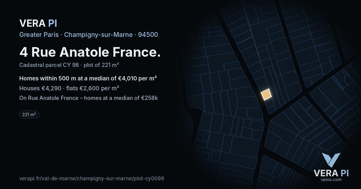 4 Rue Anatole France, Champigny-sur-Marne at night – the plot lit, the parcels around coloured by the prices near them