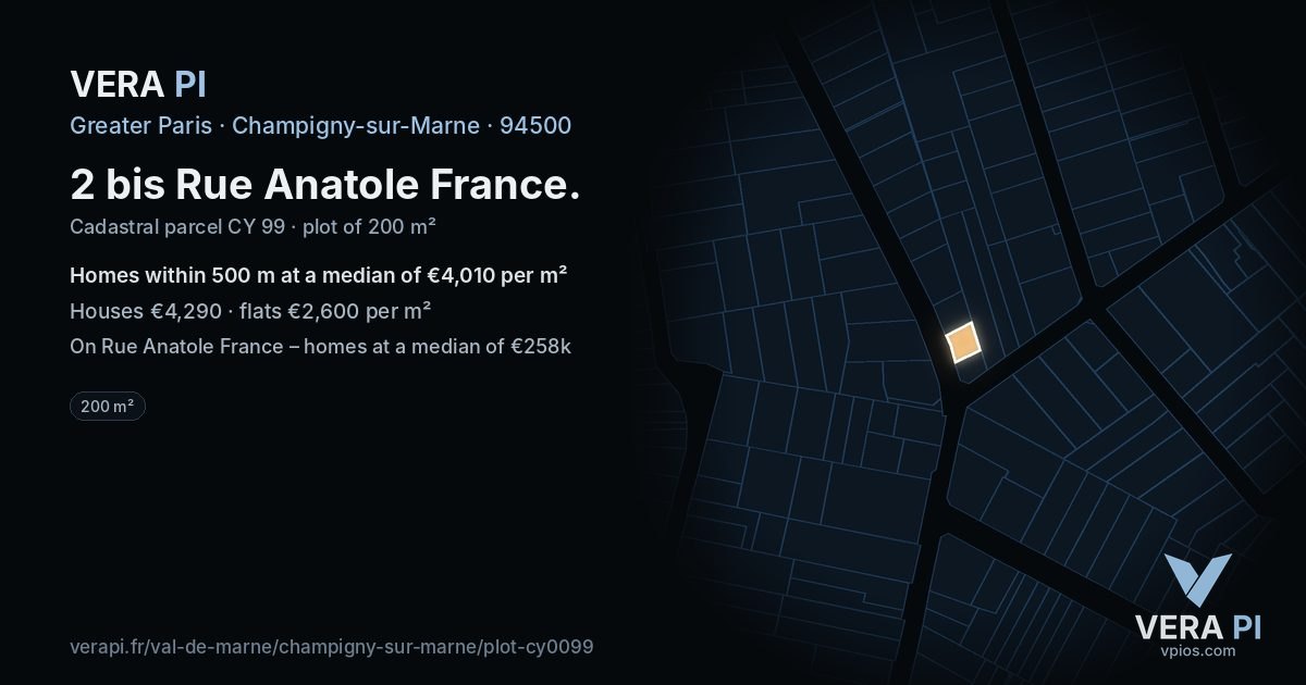 2 bis Rue Anatole France, Champigny-sur-Marne at night – the plot lit, the parcels around coloured by the prices near them