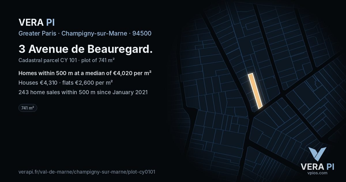 3 Avenue de Beauregard, Champigny-sur-Marne at night – the plot lit, the parcels around coloured by the prices near them