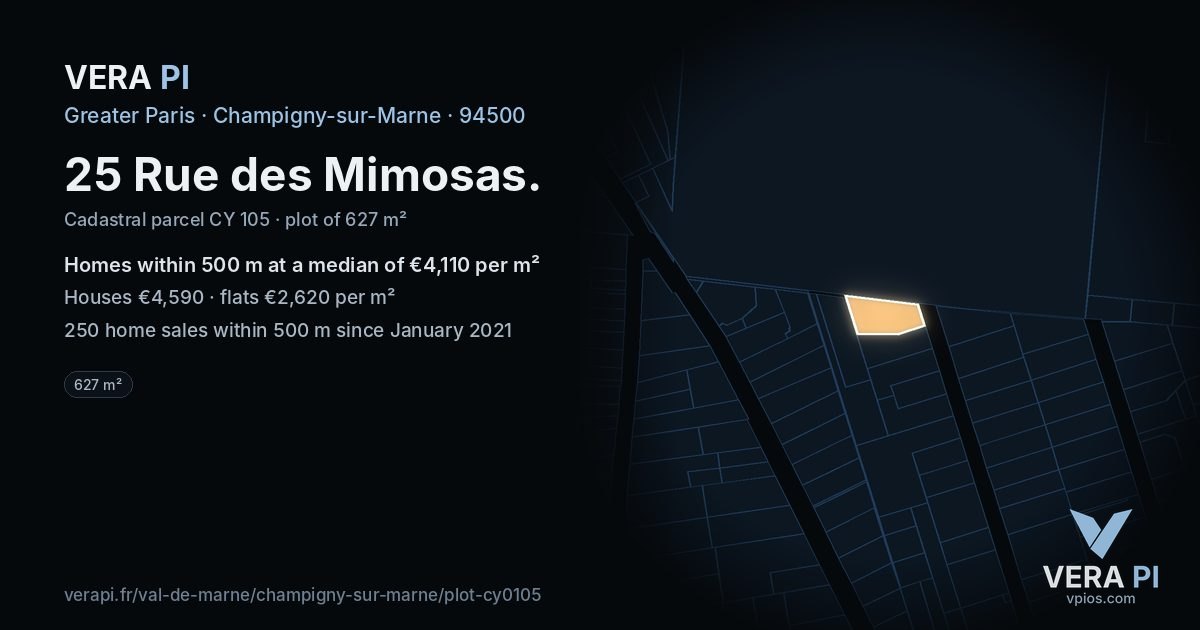 25 Rue des Mimosas, Champigny-sur-Marne at night – the plot lit, the parcels around coloured by the prices near them