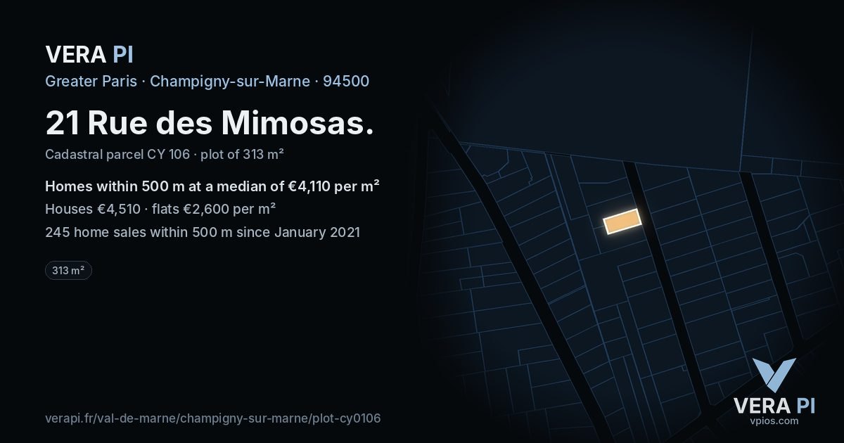 21 Rue des Mimosas, Champigny-sur-Marne at night – the plot lit, the parcels around coloured by the prices near them