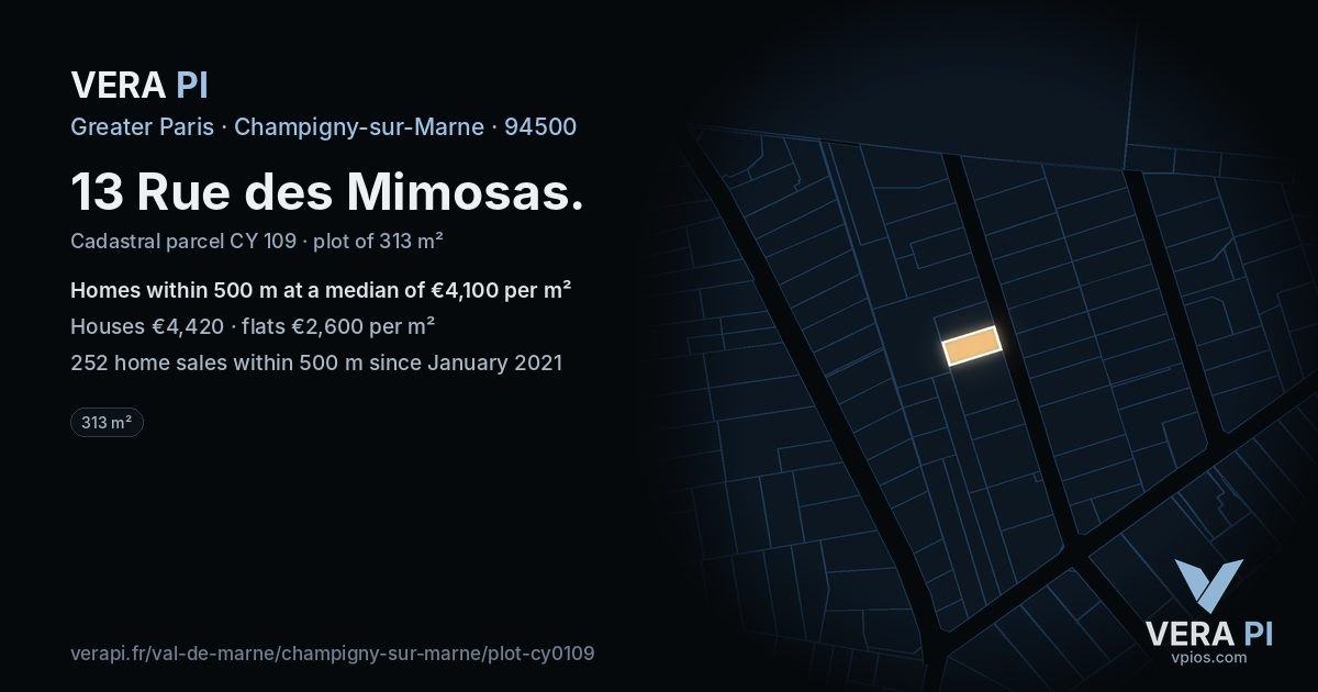 13 Rue des Mimosas, Champigny-sur-Marne at night – the plot lit, the parcels around coloured by the prices near them