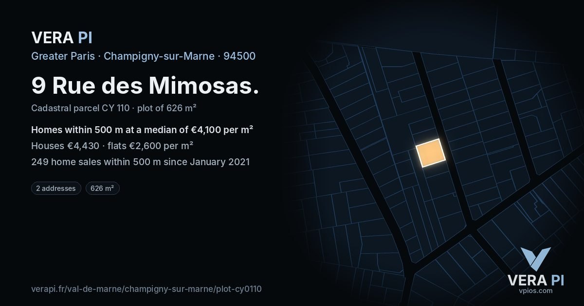 9 Rue des Mimosas, Champigny-sur-Marne at night – the plot lit, the parcels around coloured by the prices near them