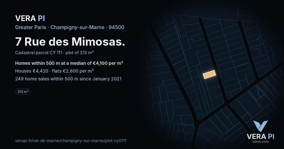 7 Rue des Mimosas, Champigny-sur-Marne at night – the plot lit, the parcels around coloured by the prices near them