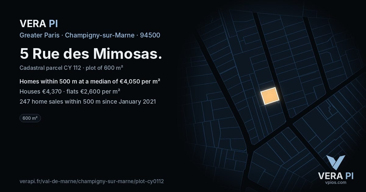 5 Rue des Mimosas, Champigny-sur-Marne at night – the plot lit, the parcels around coloured by the prices near them