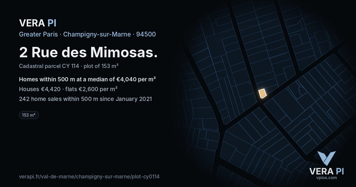 2 Rue des Mimosas, Champigny-sur-Marne at night – the plot lit, the parcels around coloured by the prices near them