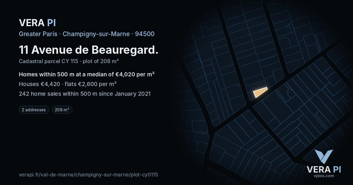 11 Avenue de Beauregard, Champigny-sur-Marne at night – the plot lit, the parcels around coloured by the prices near them