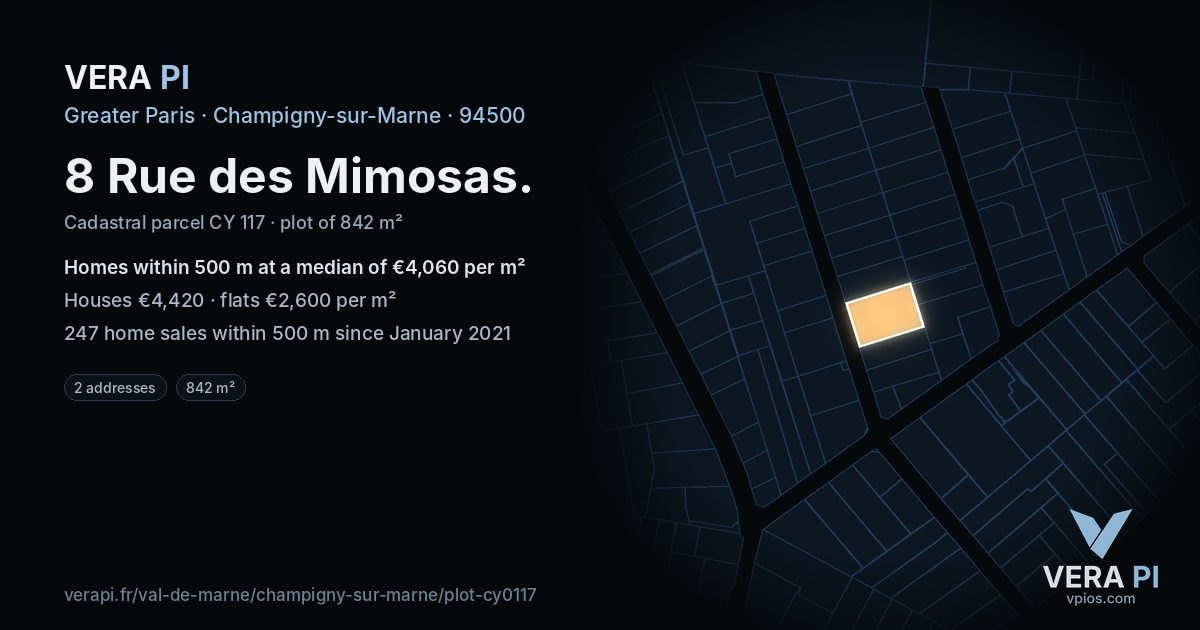 8 Rue des Mimosas, Champigny-sur-Marne at night – the plot lit, the parcels around coloured by the prices near them