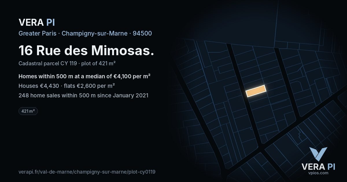 16 Rue des Mimosas, Champigny-sur-Marne at night – the plot lit, the parcels around coloured by the prices near them