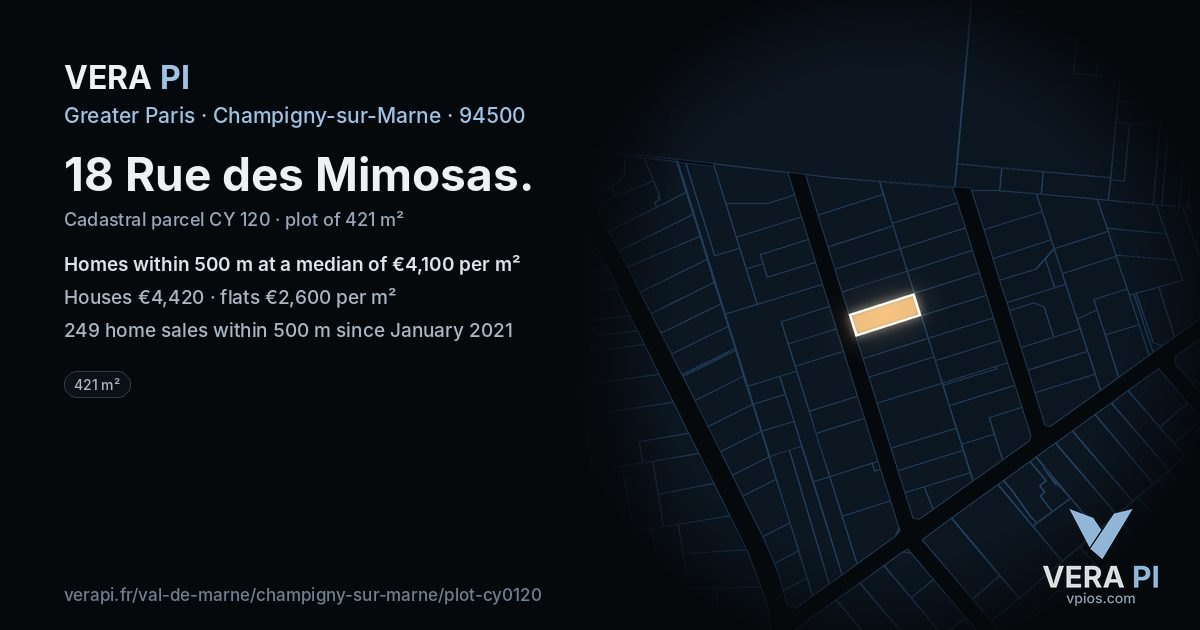 18 Rue des Mimosas, Champigny-sur-Marne at night – the plot lit, the parcels around coloured by the prices near them