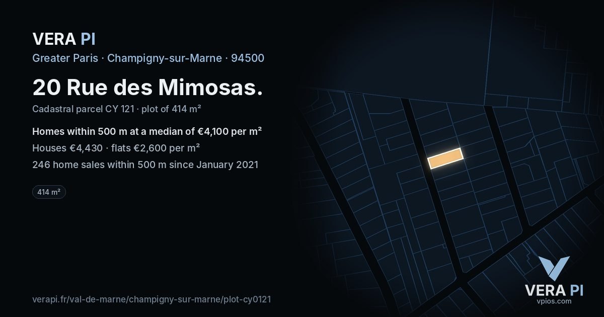 20 Rue des Mimosas, Champigny-sur-Marne at night – the plot lit, the parcels around coloured by the prices near them