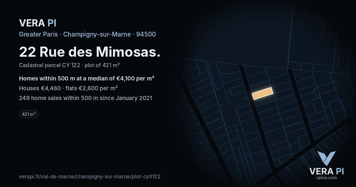 22 Rue des Mimosas, Champigny-sur-Marne at night – the plot lit, the parcels around coloured by the prices near them