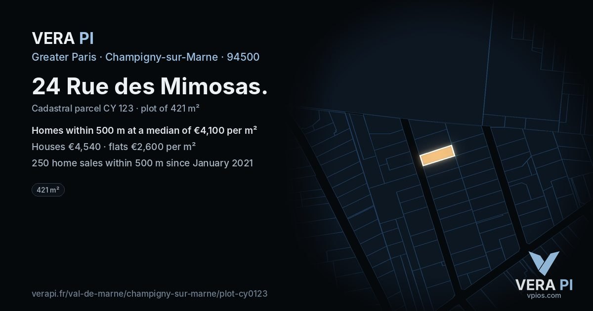 24 Rue des Mimosas, Champigny-sur-Marne at night – the plot lit, the parcels around coloured by the prices near them