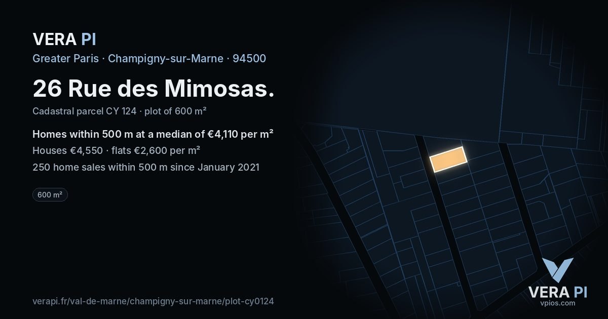 26 Rue des Mimosas, Champigny-sur-Marne at night – the plot lit, the parcels around coloured by the prices near them