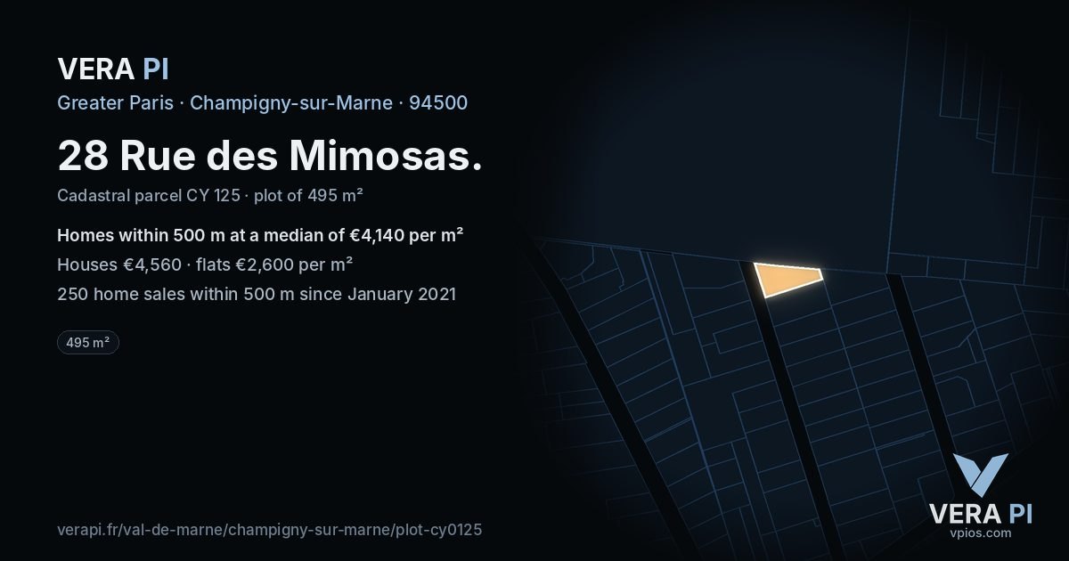 28 Rue des Mimosas, Champigny-sur-Marne at night – the plot lit, the parcels around coloured by the prices near them