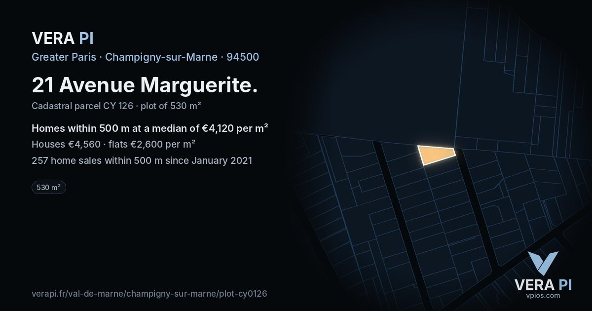 21 Avenue Marguerite, Champigny-sur-Marne at night – the plot lit, the parcels around coloured by the prices near them