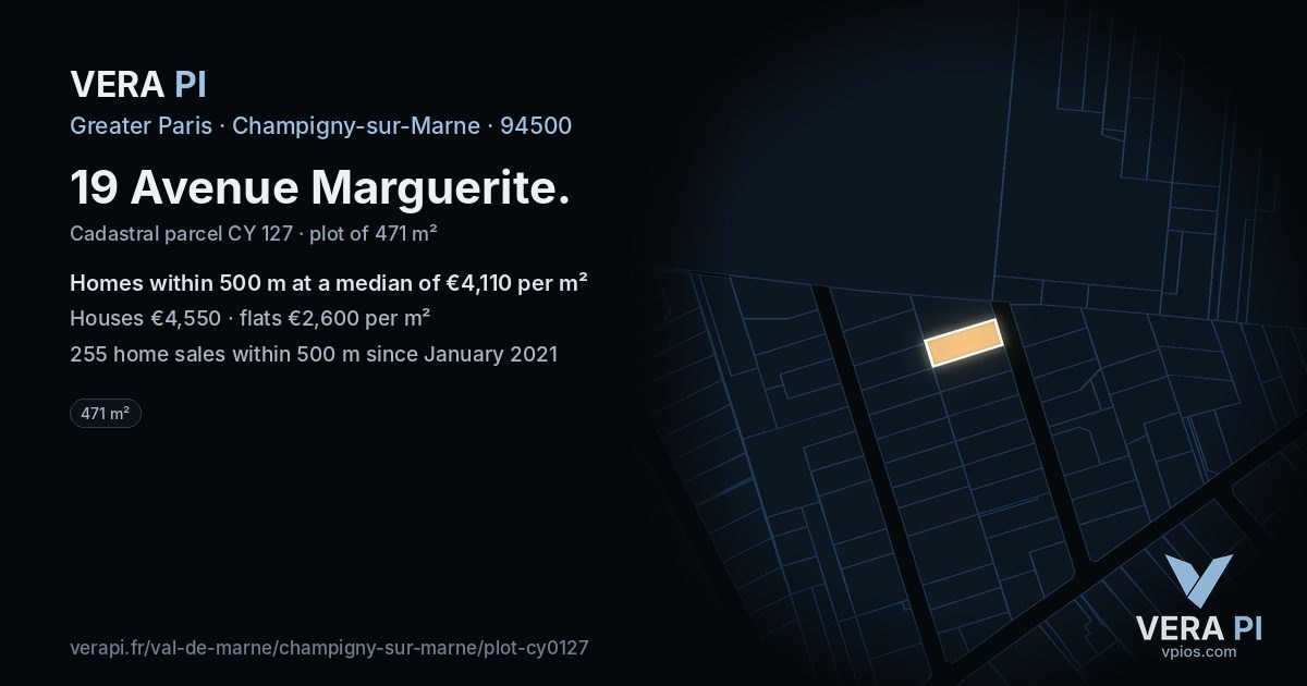 19 Avenue Marguerite, Champigny-sur-Marne at night – the plot lit, the parcels around coloured by the prices near them