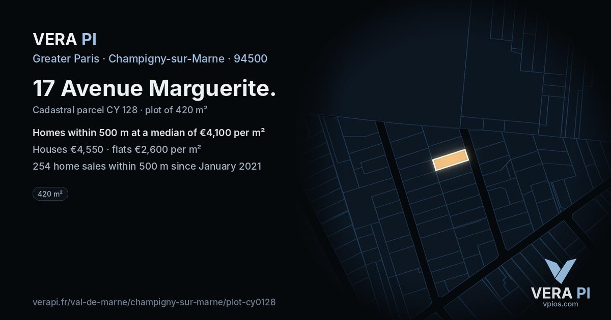 17 Avenue Marguerite, Champigny-sur-Marne at night – the plot lit, the parcels around coloured by the prices near them