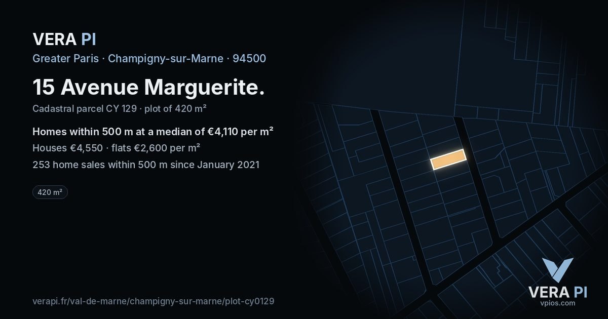 15 Avenue Marguerite, Champigny-sur-Marne at night – the plot lit, the parcels around coloured by the prices near them