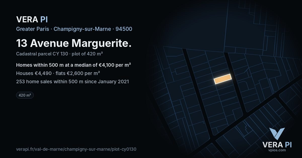 13 Avenue Marguerite, Champigny-sur-Marne at night – the plot lit, the parcels around coloured by the prices near them