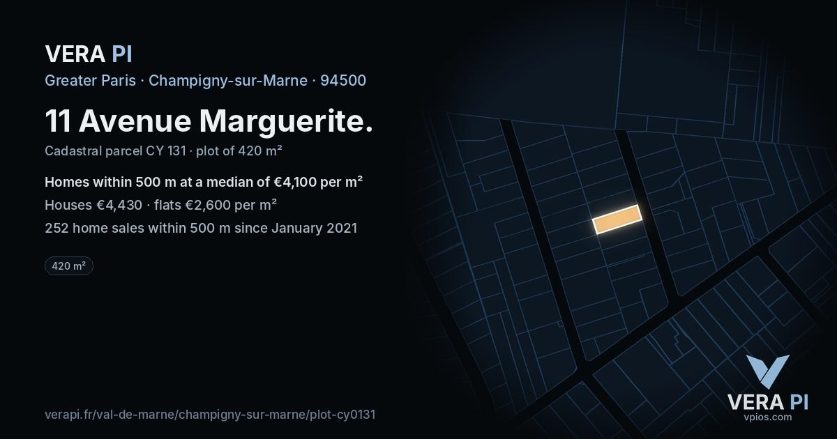 11 Avenue Marguerite, Champigny-sur-Marne at night – the plot lit, the parcels around coloured by the prices near them