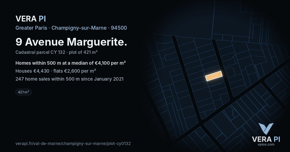 9 Avenue Marguerite, Champigny-sur-Marne at night – the plot lit, the parcels around coloured by the prices near them
