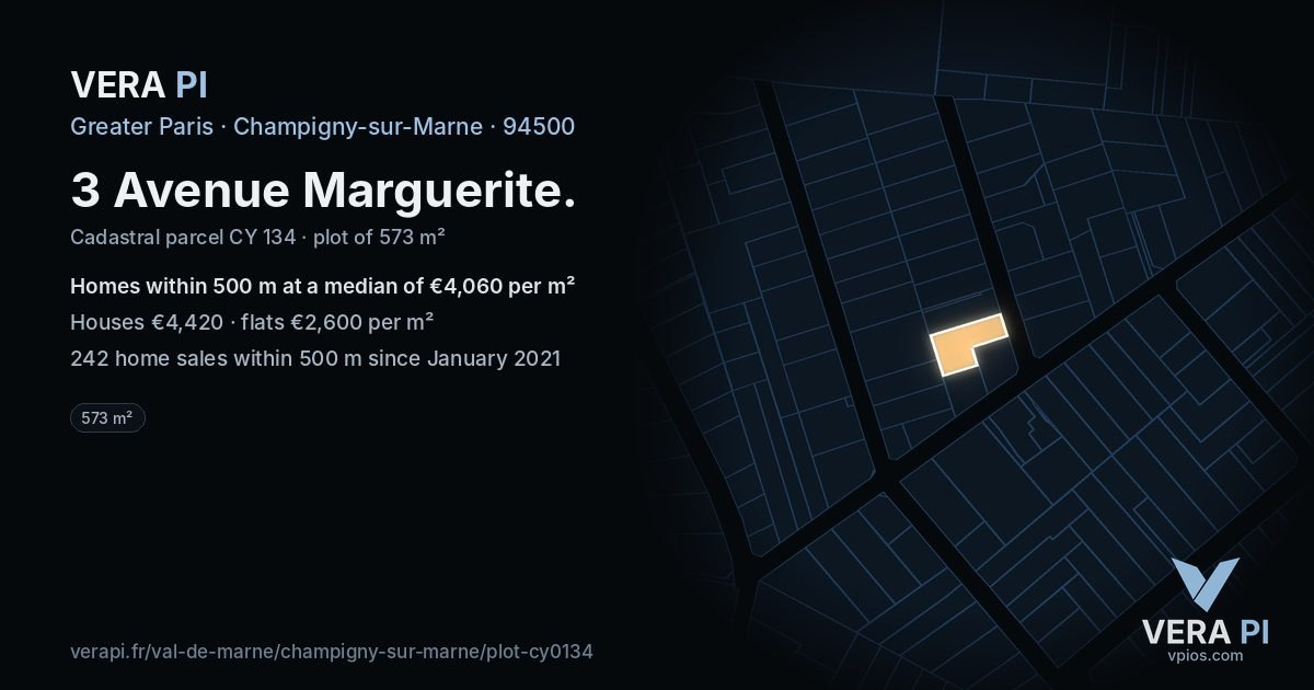 3 Avenue Marguerite, Champigny-sur-Marne at night – the plot lit, the parcels around coloured by the prices near them