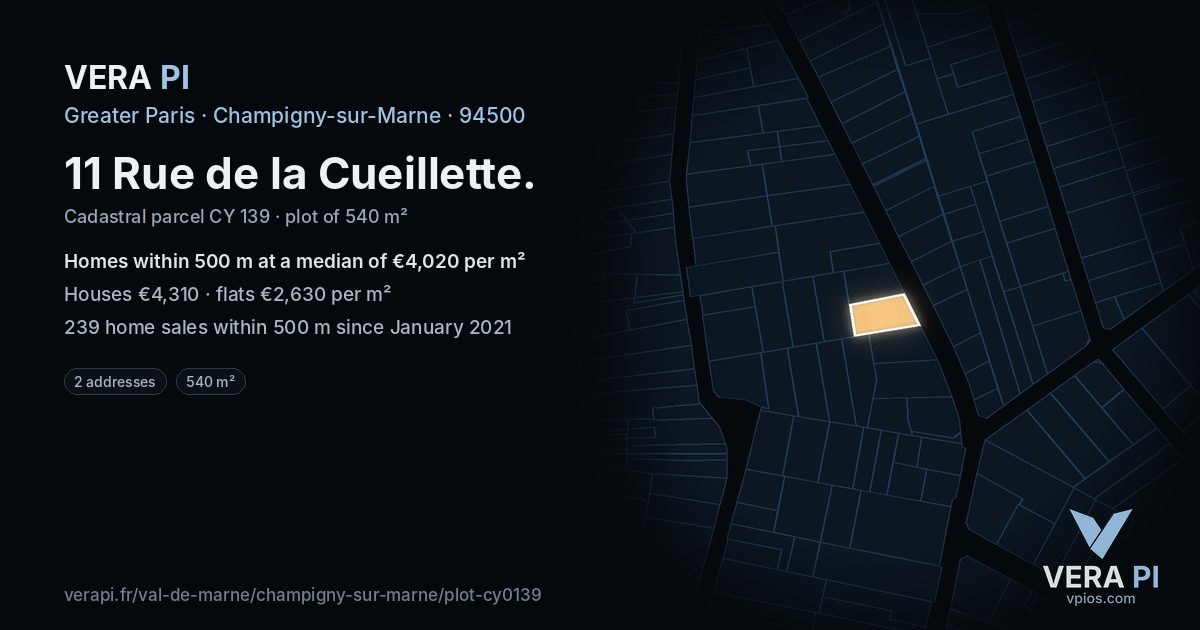 11 Rue de la Cueillette, Champigny-sur-Marne at night – the plot lit, the parcels around coloured by the prices near them
