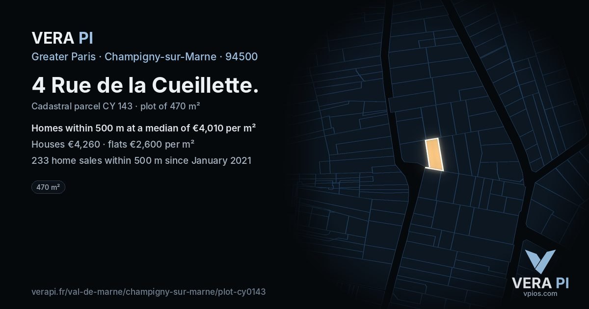 4 Rue de la Cueillette, Champigny-sur-Marne at night – the plot lit, the parcels around coloured by the prices near them