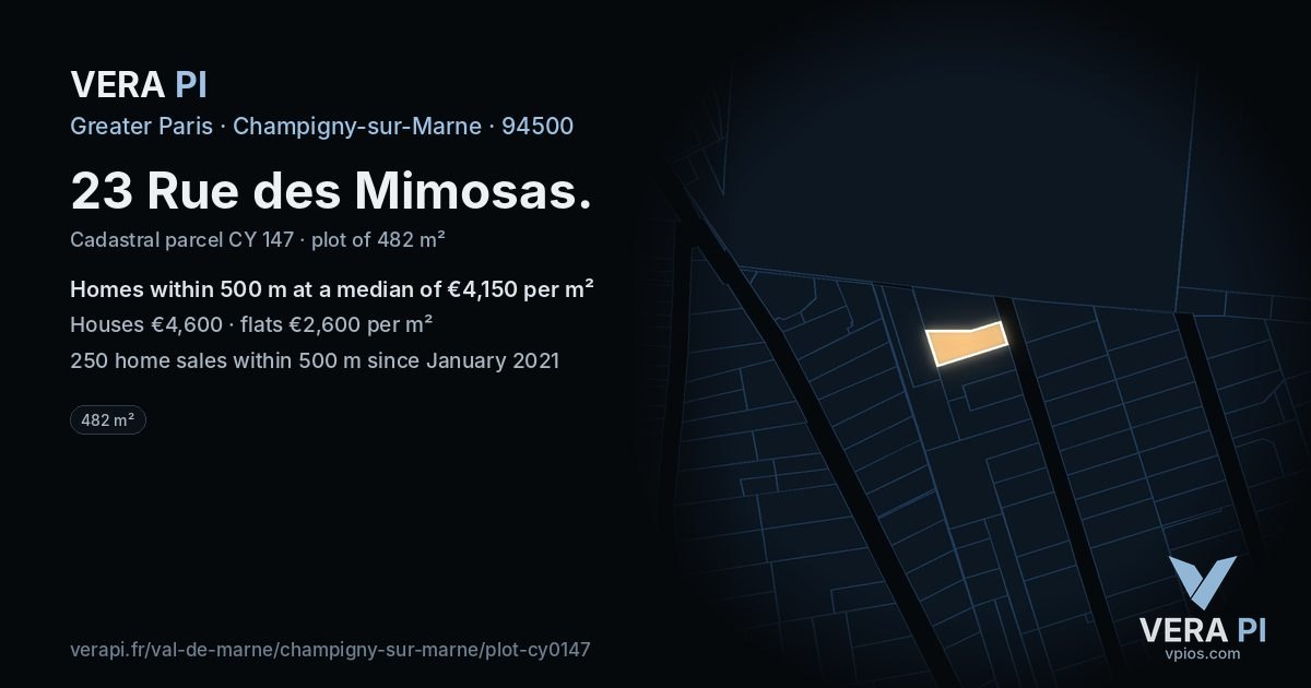 23 Rue des Mimosas, Champigny-sur-Marne at night – the plot lit, the parcels around coloured by the prices near them