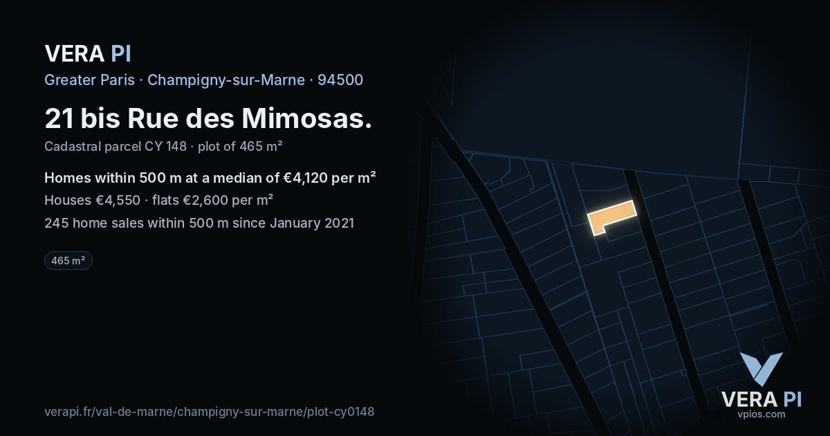 21 bis Rue des Mimosas, Champigny-sur-Marne at night – the plot lit, the parcels around coloured by the prices near them